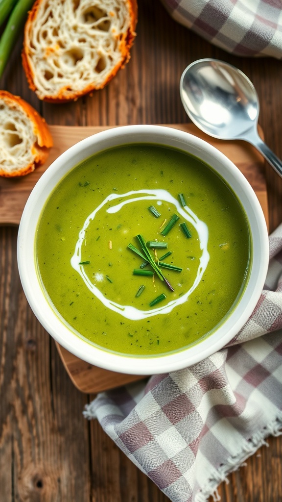A creamy asparagus velouté in a bowl, garnished with chives and lemon zest, on a rustic table with bread.